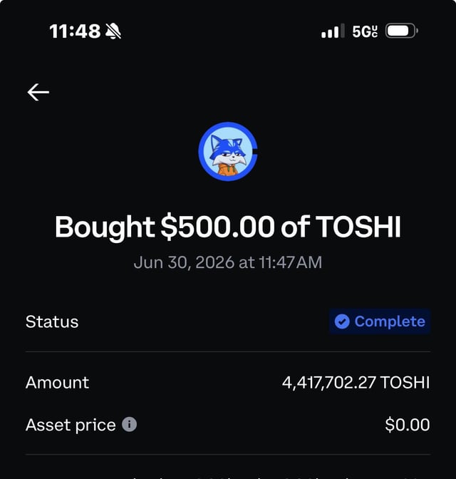The image shows a completed transaction receipt confirming the purchase of $500.00 worth of TOSHI tokens (4,417,702.27 TOSHI) on June 30, 2026. This aligns with the post celebrating the user's weekly crypto buy, highlighting a successful acquisition of a substantial TOSHI amount.
