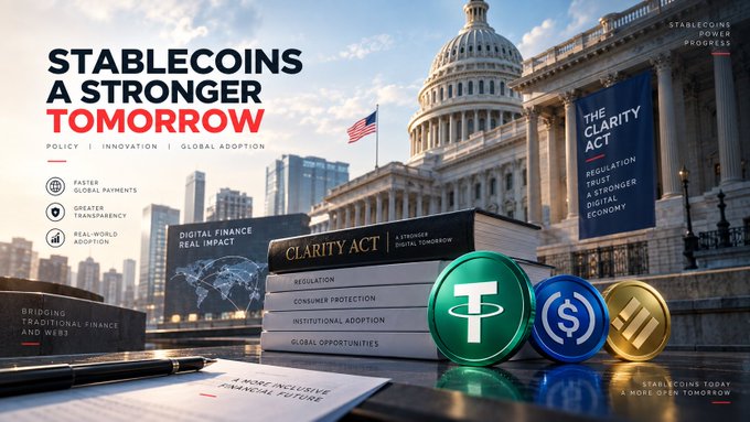 A promotional graphic titled 'STABLECOINS A STRONGER TOMORROW' featuring the U.S. Capitol building, cryptocurrency coins (Tether, USD Coin), and text referencing 'The Clarity Act' regulation.