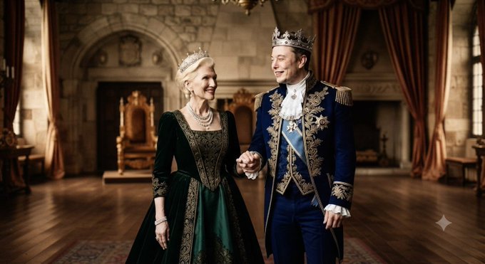 A digitally rendered image shows a king and queen in regal attire—gold and green gown and a blue military-style uniform with crown—standing hand-in-hand in a grand castle hall.