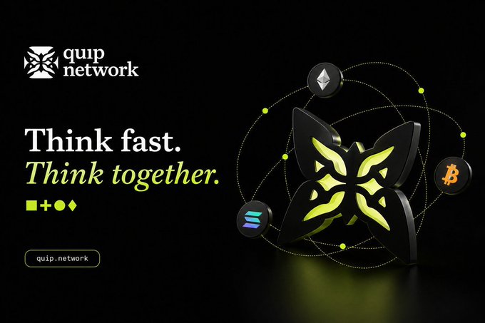 A dark promotional graphic for "quip network" featuring a glowing yellow 3D butterfly emblem surrounded by interconnected cryptocurrency logos (Ethereum, Solana, and Bitcoin), with the tagline "Think fast. Think together." and the website "quip.network" — visually supporting the post's endorsement of Quip Network's Quantum Echoes whitelist as a substantive project rather than fleeting hype.