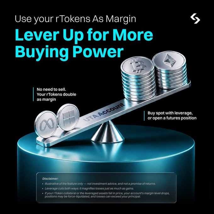 Advertisement for UTA Account's 'Lever Up for More Buying Power' feature, showing cryptocurrency coins (Bitcoin, Ethereum, etc.) balanced on a seesaw/lever, illustrating using rTokens as margin.