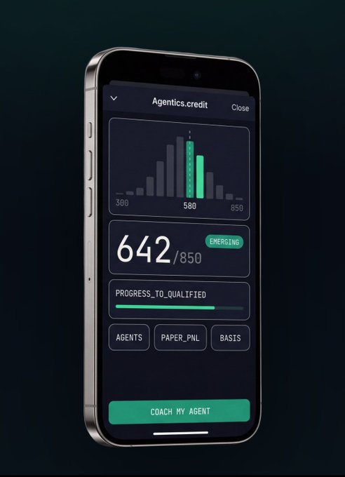 A smartphone screen displaying an 'Agentics.credit' app showing a score of 642/850, labeled 'EMERGING.'