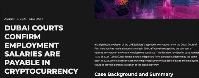 A news article dated August 15, 2024 from Abu Dhabi with the headline "Dubai Courts Confirm Employment Salaries Are Payable in Cryptocurrency," detailing a 2024 ruling by the Dubai Court of First Instance recognizing crypto as valid for salary payments under employment contracts (Case 1739 of 2024), reinforcing the post's message about crypto adoption and its relevance to $XRP.