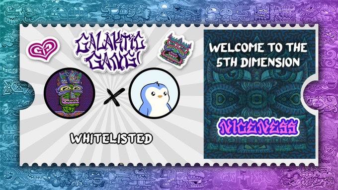 A promotional graphic for 'Galaktic Galxies' and 'Wizaverse' collaboration, displaying 'WELCOME TO THE 5TH DIMENSION' with their mascot logos marked as 'WHITELISTED'.
