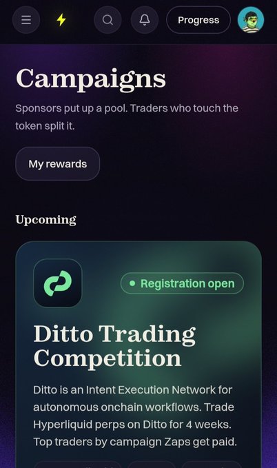 A mobile app screen displays the "Campaigns" section with a "Ditto Trading Competition" featuring "Registration open," where sponsors pool tokens for traders to split. The image relates to the post by showing Zeru's Zaps platform, which retroactively credits users' past onchain trading activity into these reward campaigns, eliminating the need for new trades.