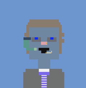 A pixel art illustration of a character with blonde hair, blue eyes, and a cigarette in their mouth, wearing a gray jacket with a purple and white striped shirt.
