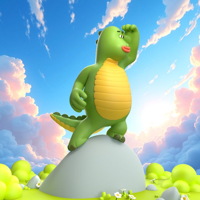 A 3D-rendered green dinosaur character stands triumphantly on a gray rock against a vibrant sky with pink clouds.