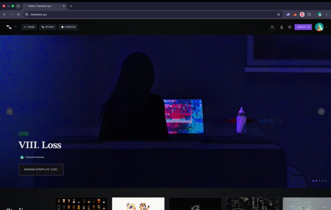 A web browser screenshot of a site called 'transient.xyz' displaying an album or track titled 'VIII. Loss' by @transientman with an album cover showing a silhouetted figure by a laptop.