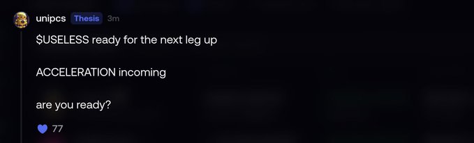A Discord message from user "unipcs" (tagged "Thesis") in a chat channel titled "$USELESS" announces the token is ready for its next leg up, with "ACCELERATION incoming" and asking "are you ready?" — echoing the accompanying post's travel metaphor of a $300M token "plane about to take off."