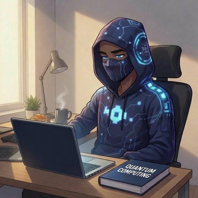 An illustration of a person in a tech-themed hoodie with glowing blue circuit patterns and mask, working on a laptop with a 'Quantum Computing' book on the desk.