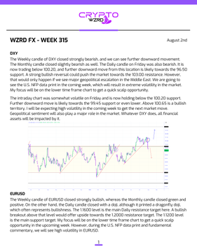 A Crypto quality analysis page for WZRD FX - Week 315 dated August 2nd, with charts and commentary on DXY, EURUSD, and BTC market movements.