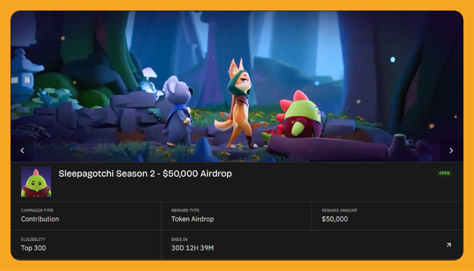 A screenshot of a Sleepagotchi Season 2 campaign offering a $50,000 token airdrop for contributions, showing cartoon characters in a forest scene, with 30 days, 12 hours, and 39 minutes remaining.