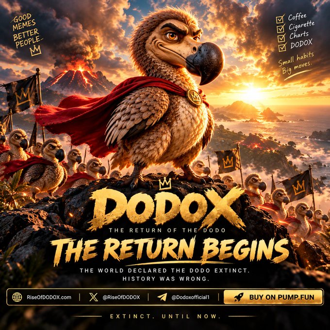 A promotional poster for "DODOX - The Return of the Dodo" featuring a heroic dodo bird wearing a red cape, with text reading "Small habits. Big moves," "BUY ON PUMP FUN," and social media handles @RiseOfDODOX.