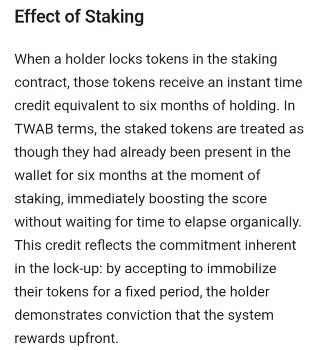 A text excerpt titled 'Effect of Staking' explaining that when a holder locks tokens in the staking contract, those tokens receive an instant time credit equivalent to six months of holding, boosting their TWAB score immediately.