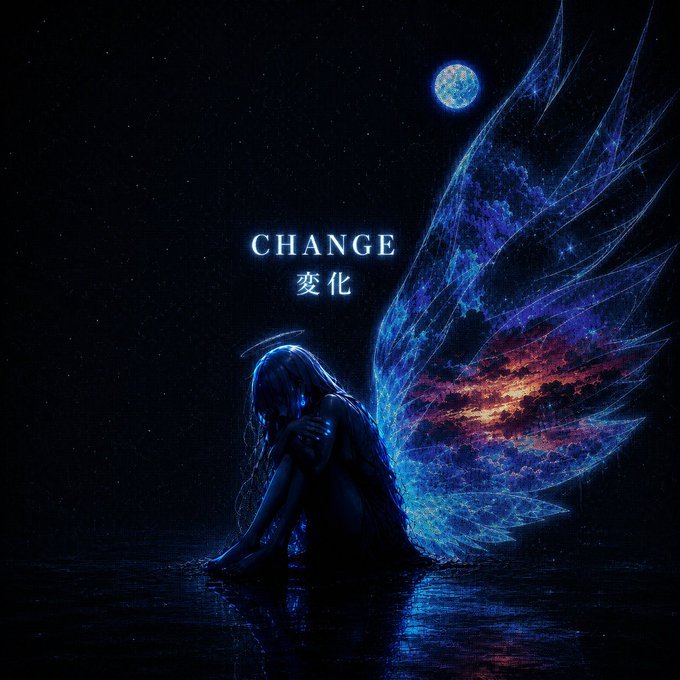 A dark fantasy illustration shows a silhouetted figure with glowing blue wings sitting in water beneath a moon, with the text 'CHANGE 变化' displayed.