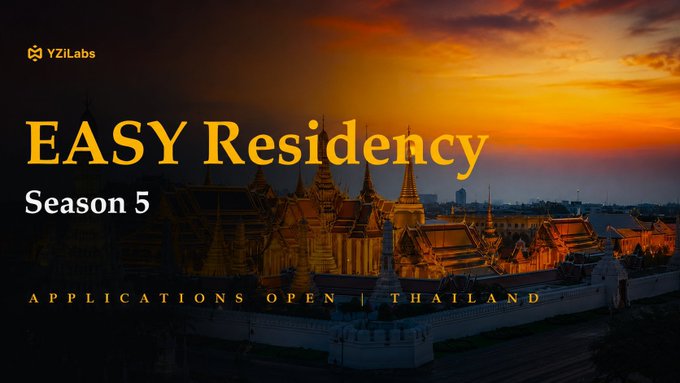 The image is a promotional graphic for "EASY Residency, Season 5" by YZiLabs, displaying "APPLICATIONS OPEN | THAILAND" with an orange-sunset backdrop of Thai temple architecture. It reinforces the post's urgency about the 42-hour application deadline for YZiLabs' Thailand-based acceleration program.