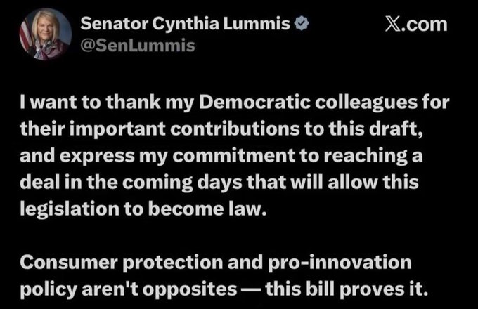 A tweet from 'Senator Cynthia Lummis @SenLummis' thanking Democratic colleagues and discussing consumer protection and pro-innovation policy.