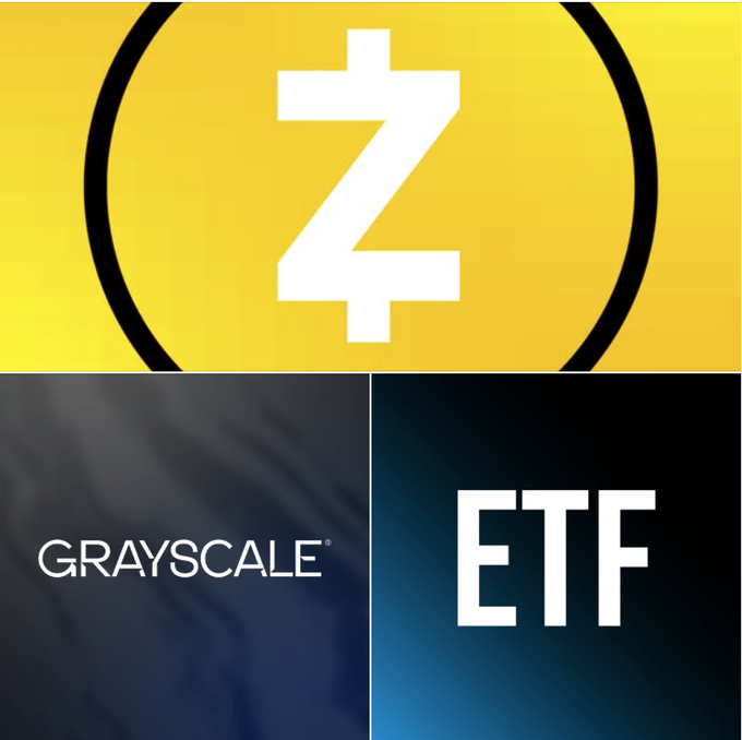 A composite image showing the yellow Zcash (ZEC) logo on top, with the Grayscale logo on the bottom left and an 'ETF' logo on the bottom right.