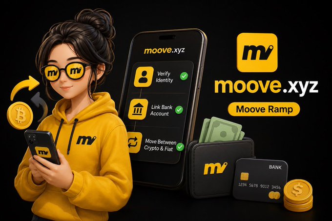 A promotional graphic for 'moove.xyz' featuring a yellow-clad character with sunglasses alongside a phone displaying verification steps, a wallet, and Bitcoin/cash icons.