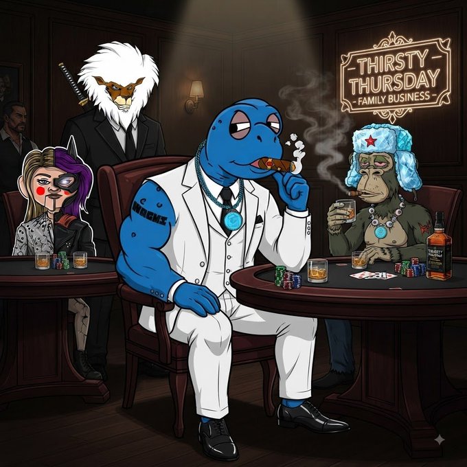 A cartoon illustration depicts various pop culture and meme characters, including a figure in a white suit smoking a cigar and a monkey wearing a blue ushanka hat, sitting around a table in a dimly lit room with a neon sign reading 'THIRSTY THURSDAY FAMILY BUSINESS'.