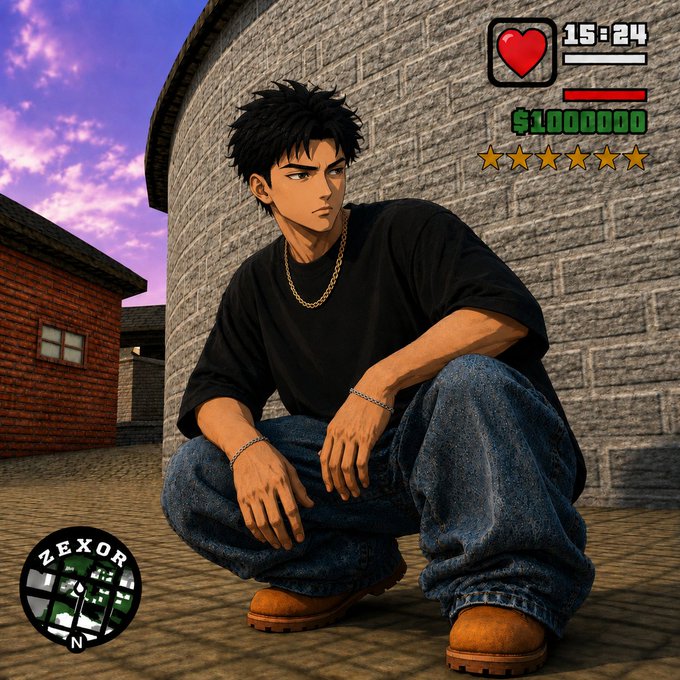 An anime-style character from a GTA-style video game squats in a black shirt and baggy jeans, with HUD elements showing health, money ($10,000,000), wanted stars, and a 'ZEXOR' minimap.