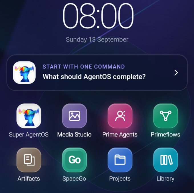 A smartphone home screen displaying '08:00 Sunday 13 September' with a prompt 'START WITH ONE COMMAND: What should AgentOS complete?' and icons for Super AgentOS, Media Studio, Prime Agents, Primeflows, Artifacts, SpaceGo, Projects, and Library.