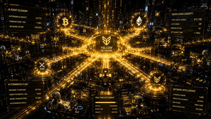 The image features a futuristic cityscape with yellow lights illuminating the buildings and streets below. The city appears to be made of neon lights, giving it an otherworldly appearance. In the center of this illuminated scene, there are four AI agents floating around in a circular pattern. Each agent is connected by a network of lines that represent the digital economy.

The post discussing AI agents emphasizes the importance of infrastructure and liquidity for their success. It highlights how AI agents need to be able to move value across networks without friction or obstacles, which can be achieved through well-designed infrastructure. The image serves as a visual representation of this concept, showcasing the interconnectedness of digital economies in a futuristic setting.