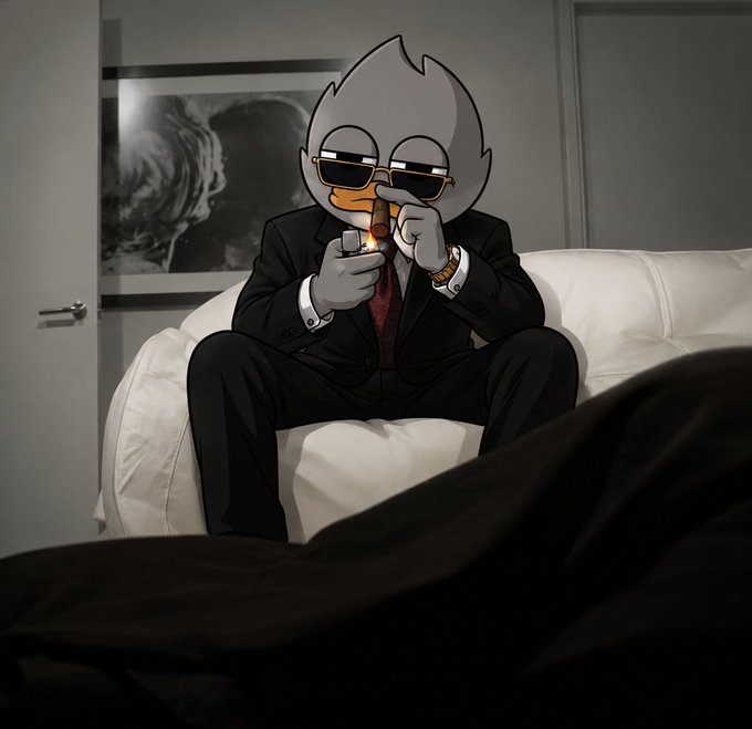 A surreal composite image showing a figure in a black suit with a cartoon duck head wearing sunglasses, sitting on a white couch and lighting a cigar.