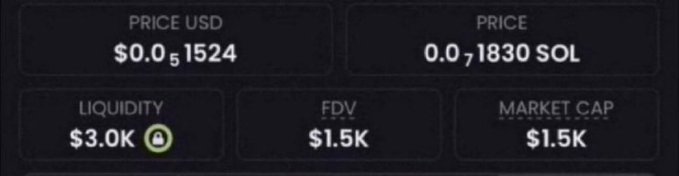 A cryptocurrency price dashboard showing Price USD at $0.0₅1524, Price at 0.0₇1830 SOL, Liquidity $3.0K, FDV $1.5K, and Market Cap $1.5K.