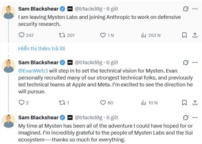 A series of Twitter/X posts from Sam Blackshear (@blackd0g) announcing he is leaving Mysten Labs to join Anthropic, and that @EvanWeb3 will step in for Mysten, with engagement metrics visible.