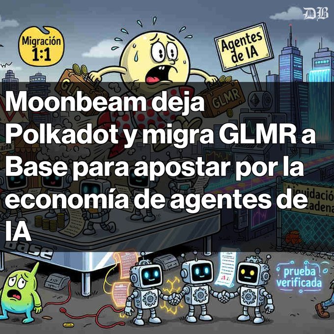 A cartoon illustration with Spanish text reading 'Moonbeam deja Polkadot y migra GLMR a Base para apostar por la economía de agentes de IA', showing crypto-themed characters and robots.