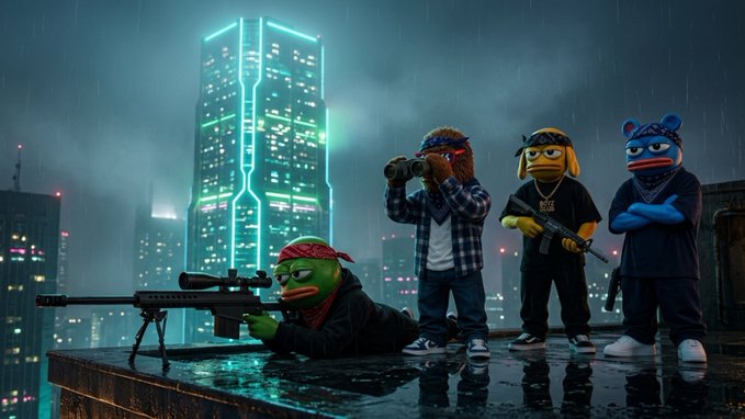 Four cartoon-style characters in streetwear pose on a rainy rooftop at night with weapons and binoculars, backed by a glowing skyscraper.