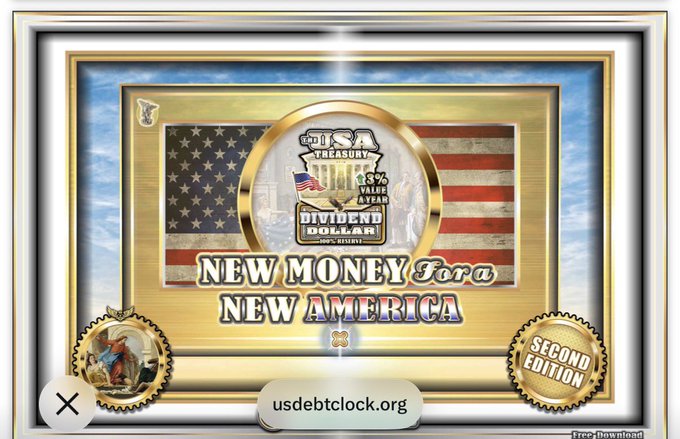 The image features a poster for "New Money For America", which promotes the idea that money can be created out of thin air. The poster includes an American flag, symbolizing the concept of new money creation. The phrase "When the phoenix rises" suggests that this new money will bring about a change in the financial system, similar to how the phoenix is reborn from its own ashes. The post also mentions Usdebtclock.org and the idea of usury dying with the creation of new money.