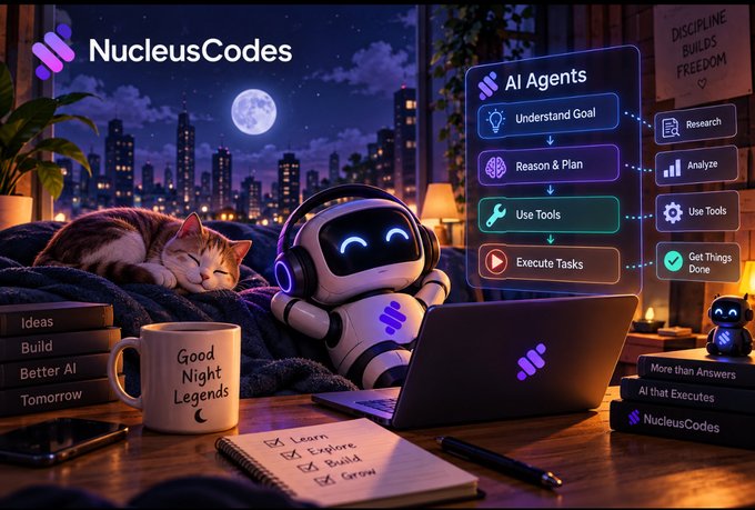 An ad for "NucleusCodes" showing a robot working on a laptop in a cozy nighttime scene with a sleeping cat, featuring text like "AI Agents," "Understand Goal," "Reason & Plan," "Use Tools," "Execute Tasks," and "More than Answers - AI that Executes."