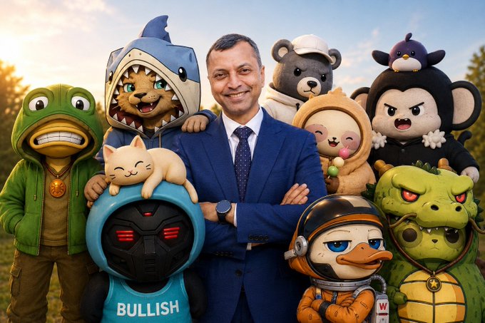 A man in a blue suit and tie stands smiling with arms crossed in front of a group of various cartoon mascot characters, including a frog in a hoodie and a bear in a space suit labeled "BULLISH".