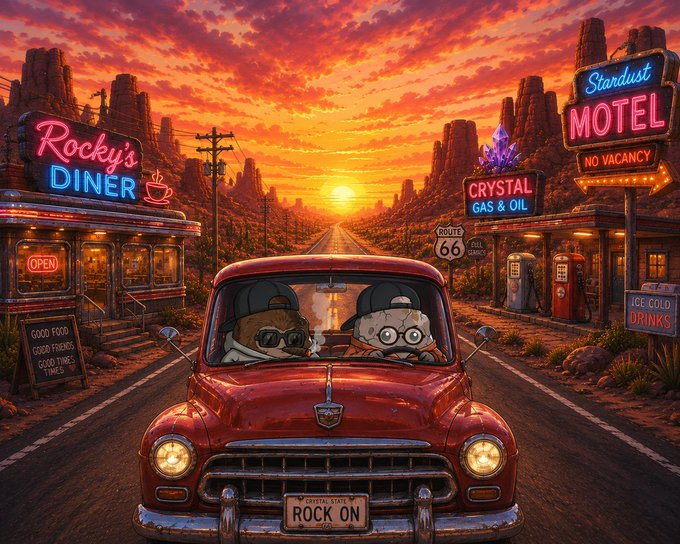 A stylized digital illustration of two cute animal characters in sunglasses driving a red vintage truck with a 'ROCK ON' license plate, passing 'Rocky's Diner' and 'Stardust Motel' at sunset on Route 66.