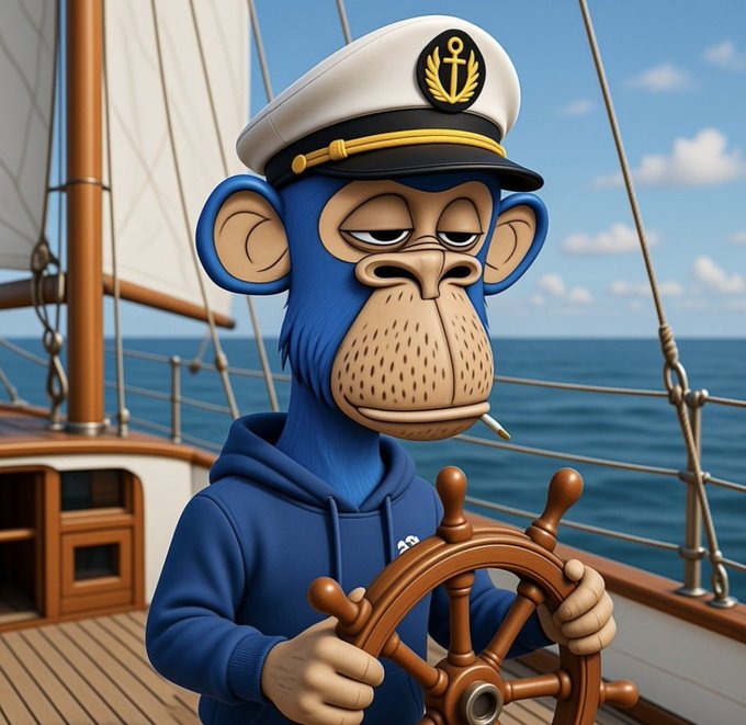 A 3D-rendered cartoon character of a blue ape wearing a sailor hat and blue hoodie, holding a ship's steering wheel on a boat deck with the ocean in the background.