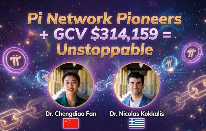 **Caption:**
Promotional graphic titled "Pi Network Pioneers + GCV $314,159 = Unstoppable," featuring headshots of Dr. Chengdiao Fan (with a Chinese flag) and Dr. Nicolas Kokkalis (with a Greek flag) against a cosmic blockchain backdrop with the Pi symbol, rallying supporters to advocate for Pi's Global Consensus Value of $314,159.

**Relationship to the post:** The image visually reinforces the post's call to action by branding the "GCV $314,159" campaign with a bold, community-driven title—portraying the Pi Network's core team (Fan and Kokkalis) as "Pioneers" united behind the price target—encouraging viewers to comment "Support GCV $314,159" with their country flag to demonstrate international solidarity.