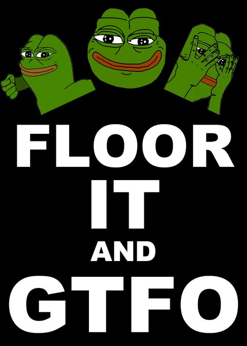 A black graphic featuring three green Pepe the Frog illustrations at the top with the bold white text 'FLOOR IT AND GTFO' displayed prominently below.
