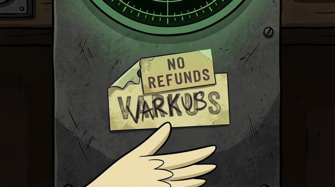An animated cartoon hand points toward a yellow sticky note on a metal surface beneath a green radar dial; the note reads 'NO REFUNDS' on top and 'WARKUBS' written below in black marker.