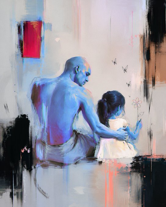 An artistic painting depicting a blue-skinned bald figure embracing a young girl with a ponytail holding a flower, set against an abstract background with butterflies.