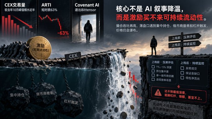 A Chinese-language market analysis graphic titled '核心不是 AI 叙事降温，而是激励买不来可持续流动性', showing CEX trading volumes, ARTI dropping 63%, and Covenant AI exiting Bittensor.