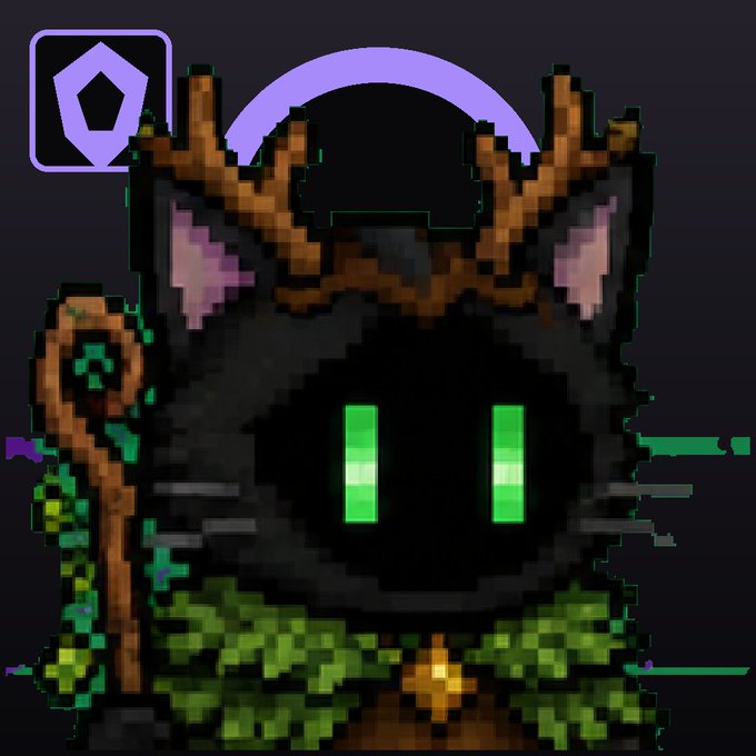 A pixel art illustration of a black cat-like creature with glowing green eyes, wearing a mossy collar and holding a wooden staff.
