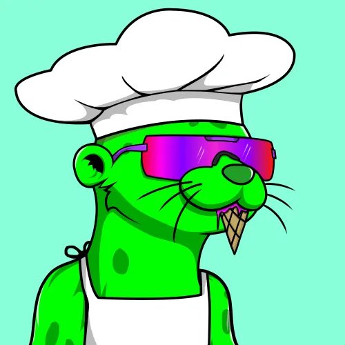 A cartoon-style NFT illustration of a green character wearing a white chef's hat, purple sunglasses, and an apron, holding an ice cream cone against a light turquoise background.
