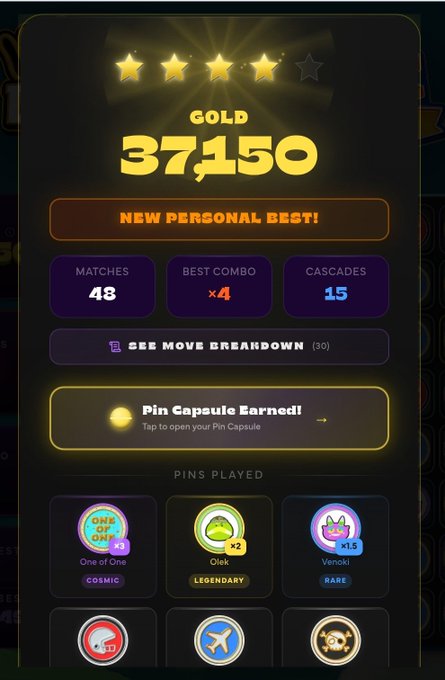 A mobile game results screen showing a 'GOLD 37,150' score with 'NEW PERSONAL BEST!' and stats for matches, combos, and cascades.