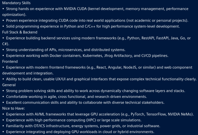 The image shows a blue background with white text. The text includes phrases such as "Mandatory Skills", "Experience building applications using CUDA", and "Frontend development". These phrases are related to the job posting for an application developer, which is described as a software developer or a developer who works on software projects.