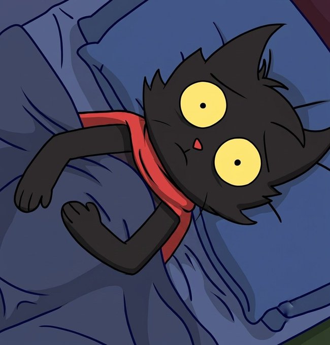 An illustration of a black cartoon cat with large yellow eyes wearing a red scarf, lying on blue pillows.