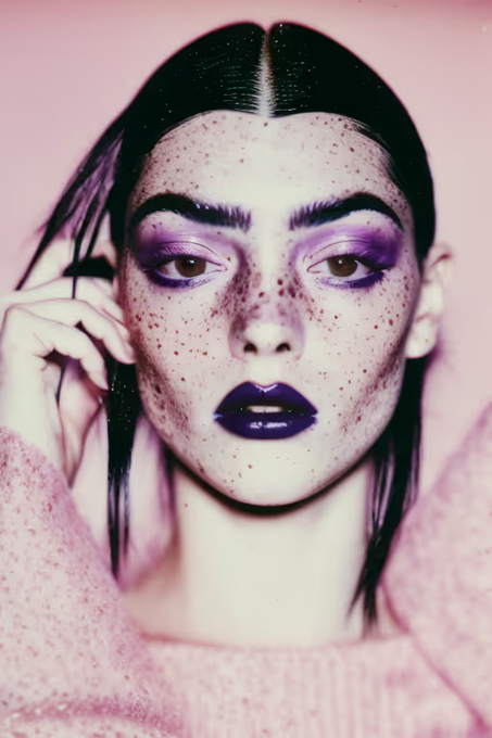 A close-up studio portrait of a young woman with slicked-back dark hair, dramatic purple eyeshadow, and dark purple lipstick, set against a soft pink background.