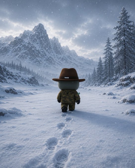 A whimsical 3D-rendered scene of a small character wearing a wide-brimmed hat and winter camouflage clothing walking through deep snow, leaving footprints toward majestic snow-covered mountains.