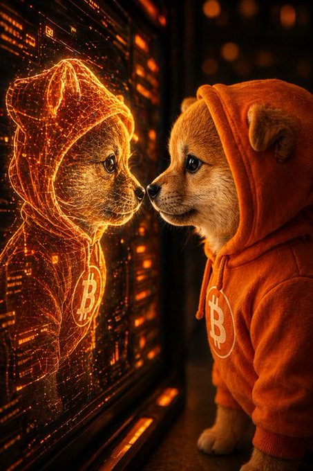 The image features a small dog wearing an orange hoodie, which has a B logo on it. The dog appears to be looking at its reflection in a mirror or screen that displays a computer monitor with a neon glow. This creates a visually striking scene where the dog's reflection is illuminated by the neon light, making it stand out against the dark background.